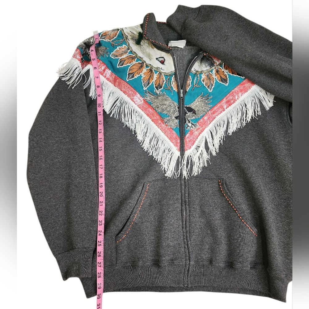 VINTAGE Handpainted Beaded Zip Sweatshirt Aztc Southwest Eagle Fringe Artsy XL - Picture 11 of 13
